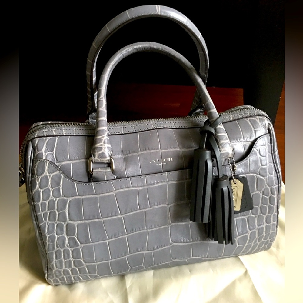 Coach Legacy “Haley” Crocodile Embossed leather bag, gray silver